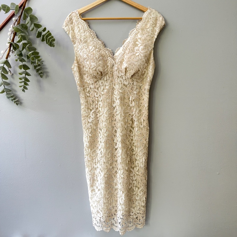 Marina Short Sleeve Dress Coquette Lace Sheath Cocktail Shimmer Gold Wedding